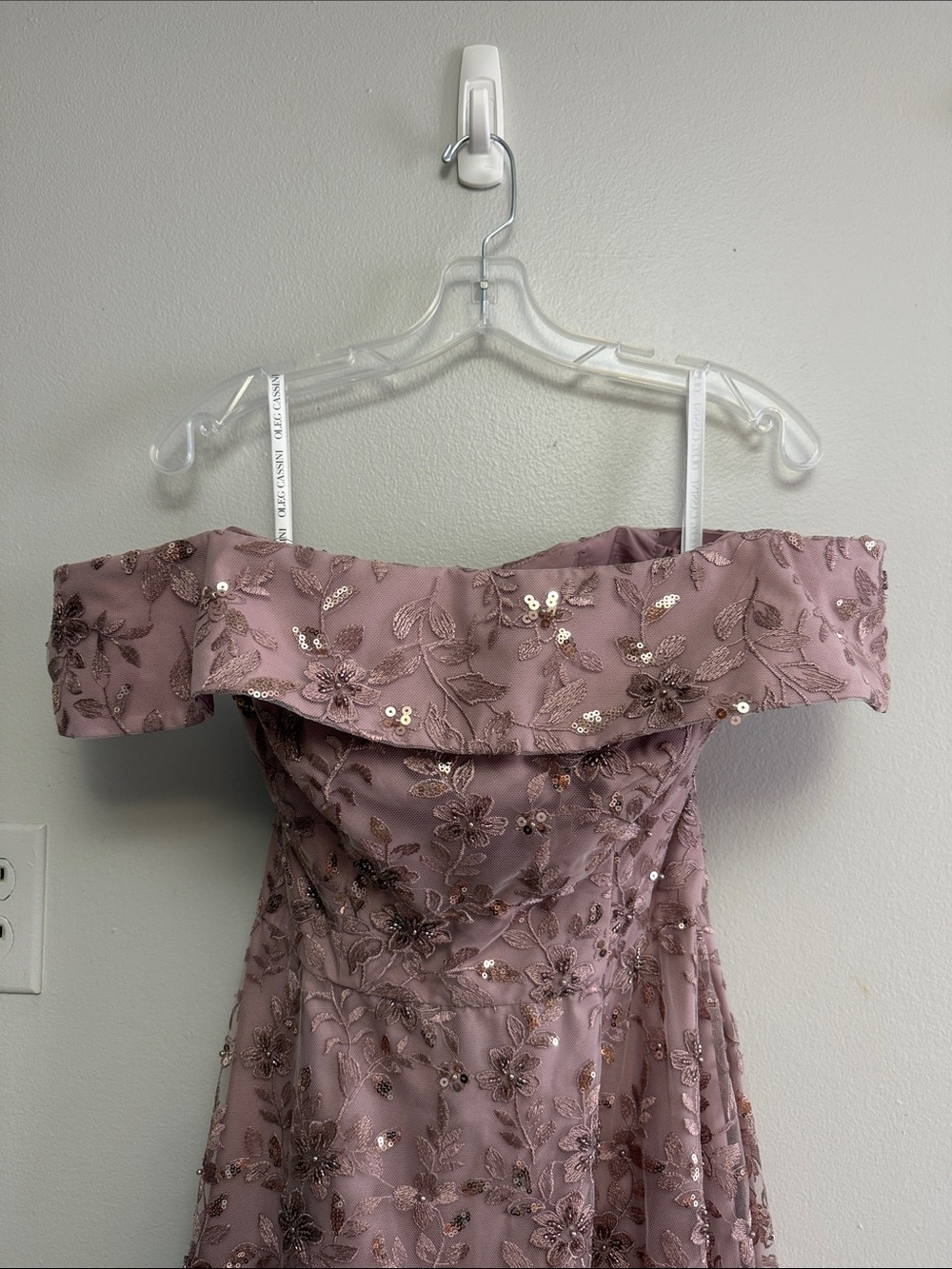 Oleg Cassini Mauve Off-Shoulder Embellished Prom Gown - Picture 2 of 7